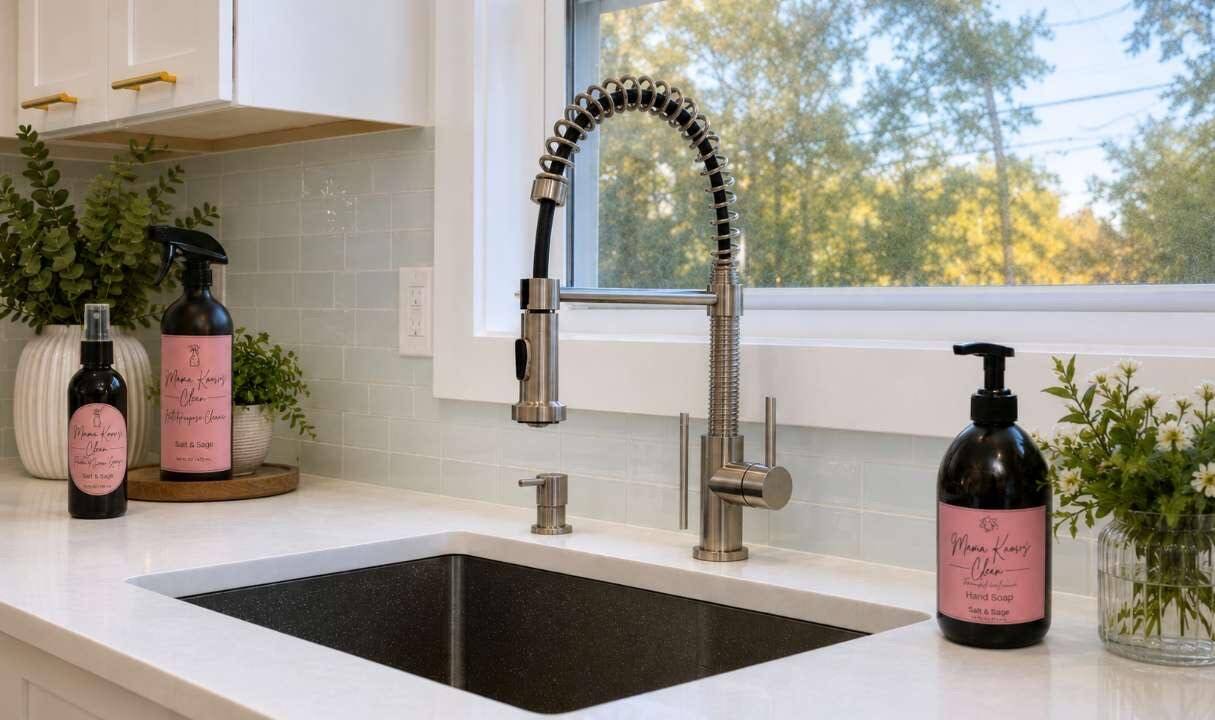 Mama Knows Clean products by a kitchen sink